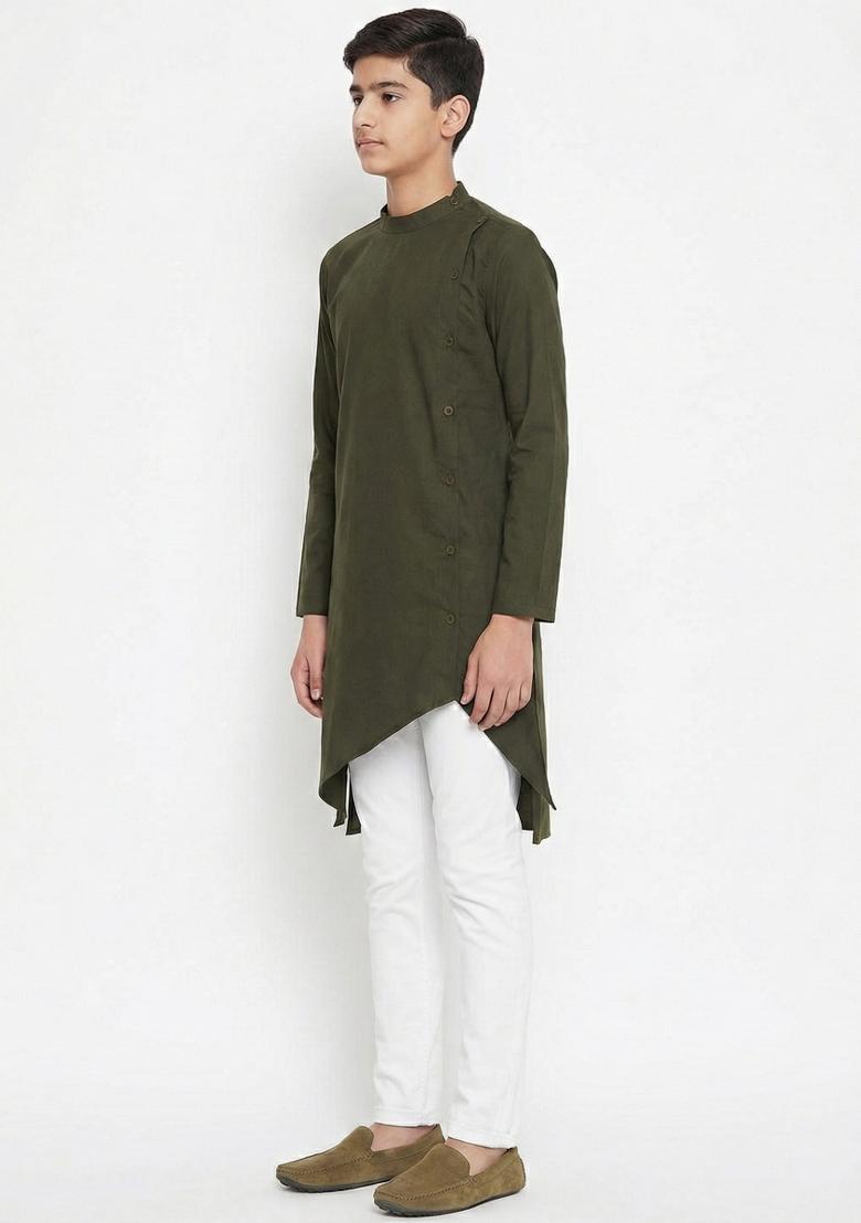 Mehendi Green Plain Cotton Kurta Set For Boys - Indya