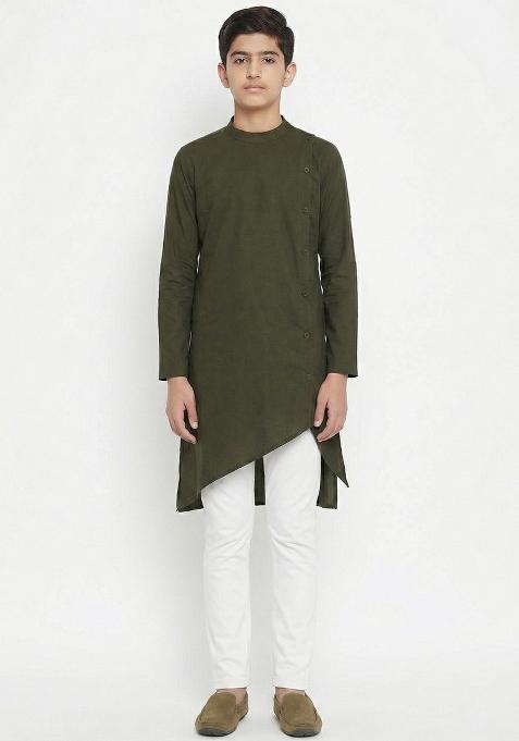 Mehendi Green Plain Cotton Kurta Set For Boys