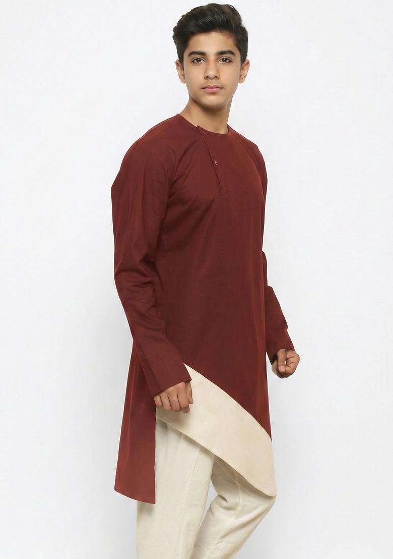Maroon Plain Cotton Kurta For Boys - Indya
