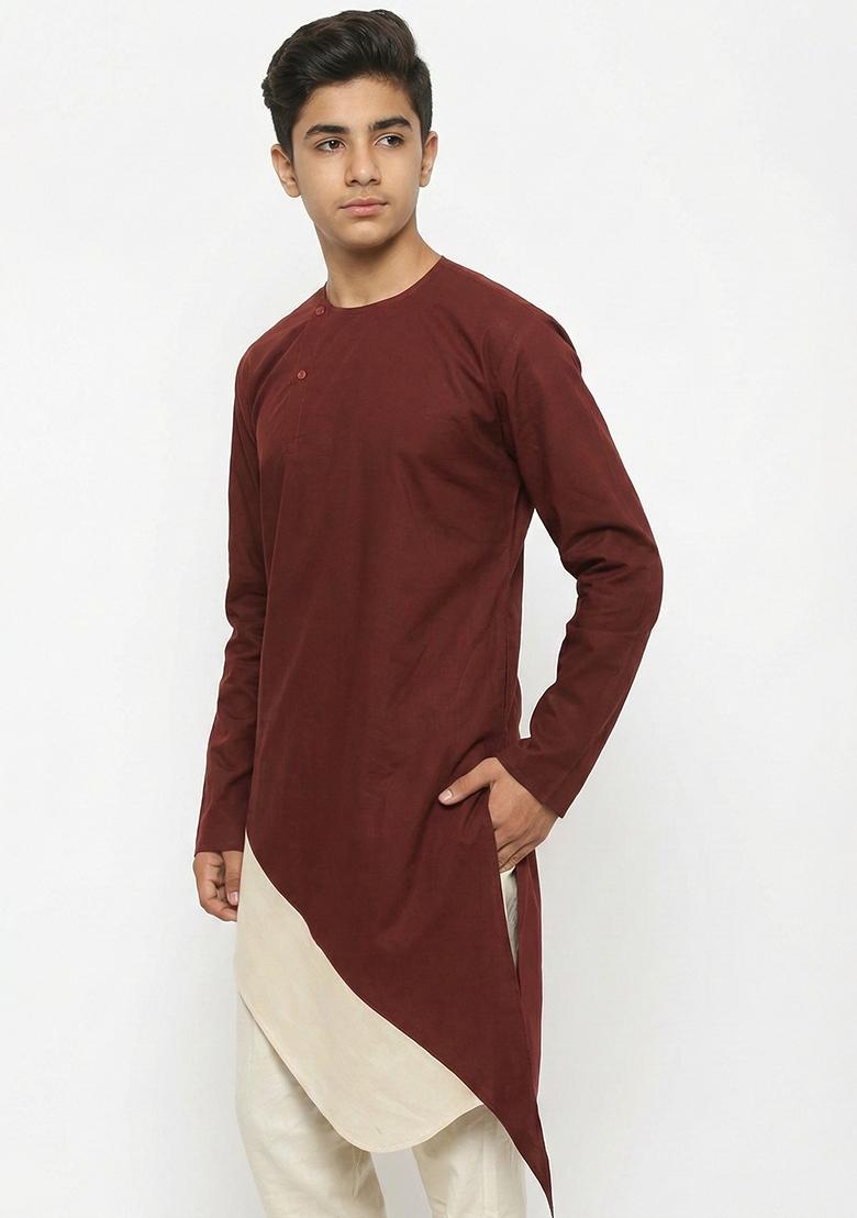 Maroon Plain Cotton Kurta For Boys - Indya