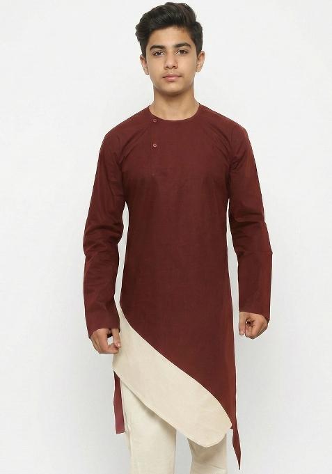 Maroon Plain Cotton Kurta For Boys