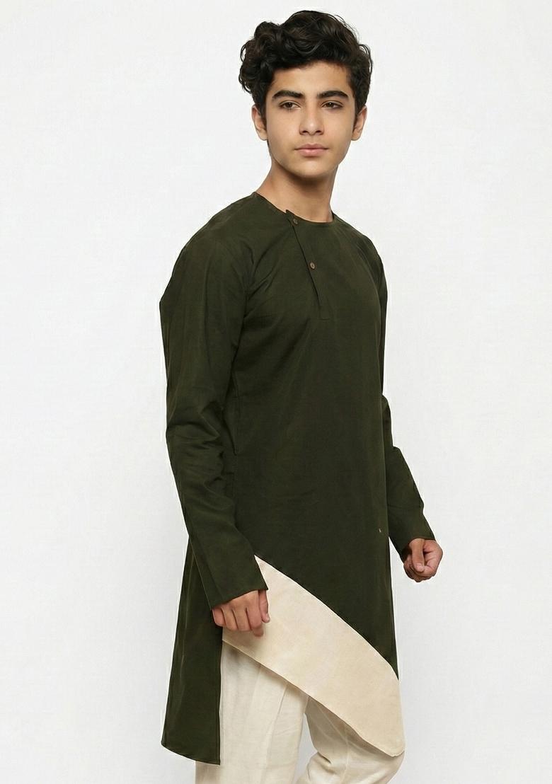 Mehendi Green Plain Cotton Kurta For Boys - Indya