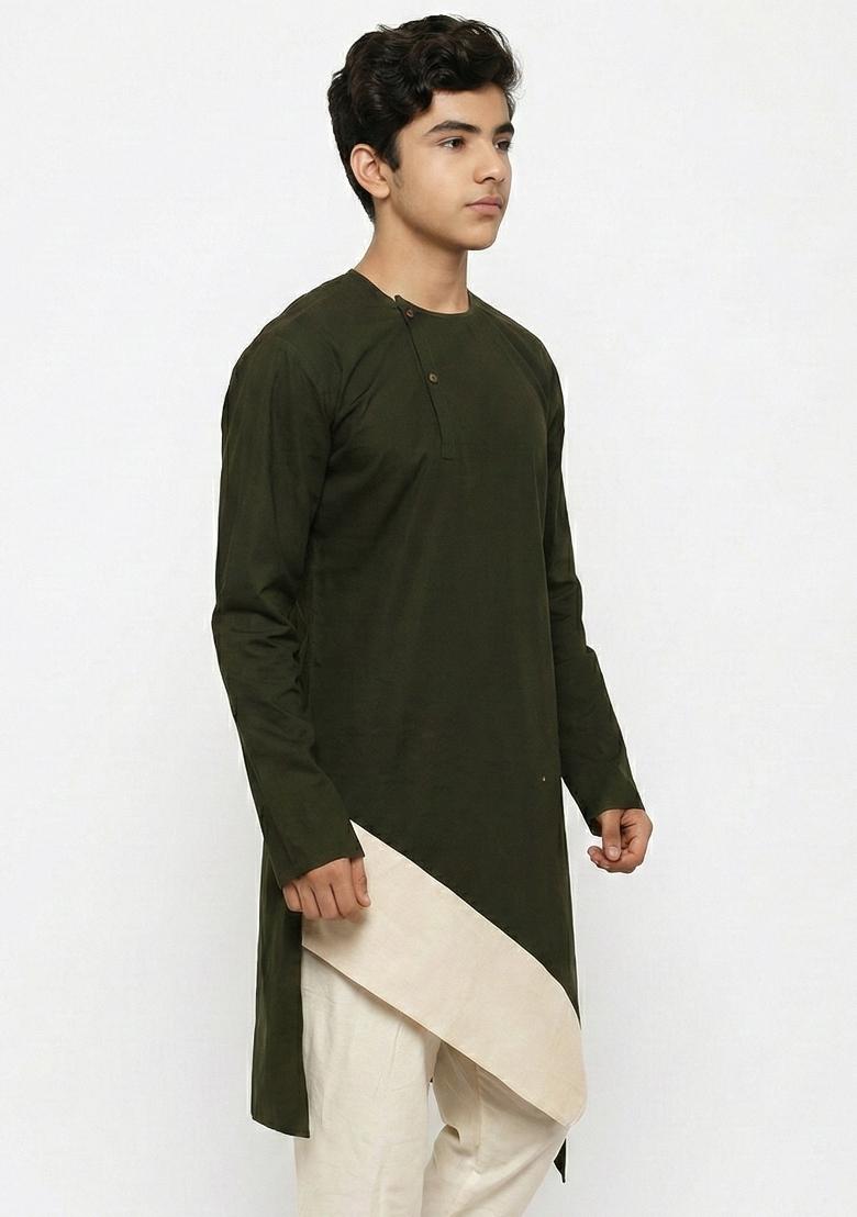 Mehendi Green Plain Cotton Kurta For Boys - Indya