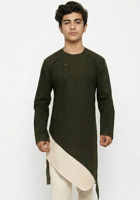 Mehendi Green Plain Cotton Kurta For Boys