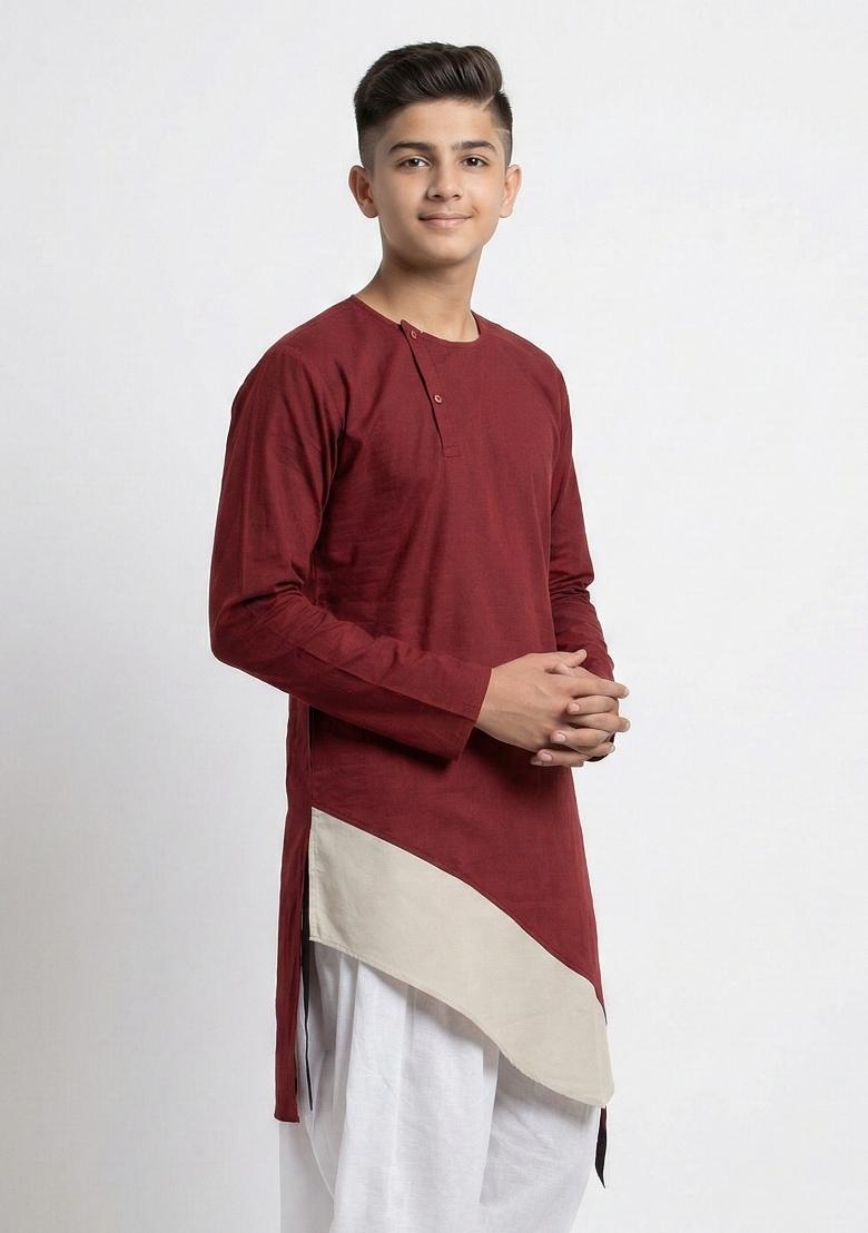 Maroon Plain Cotton Kurta For Boys - Indya