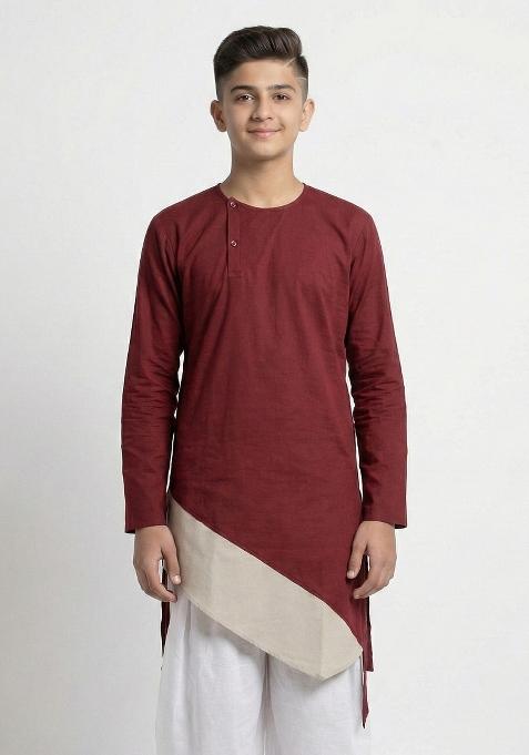 Maroon Plain Cotton Kurta For Boys