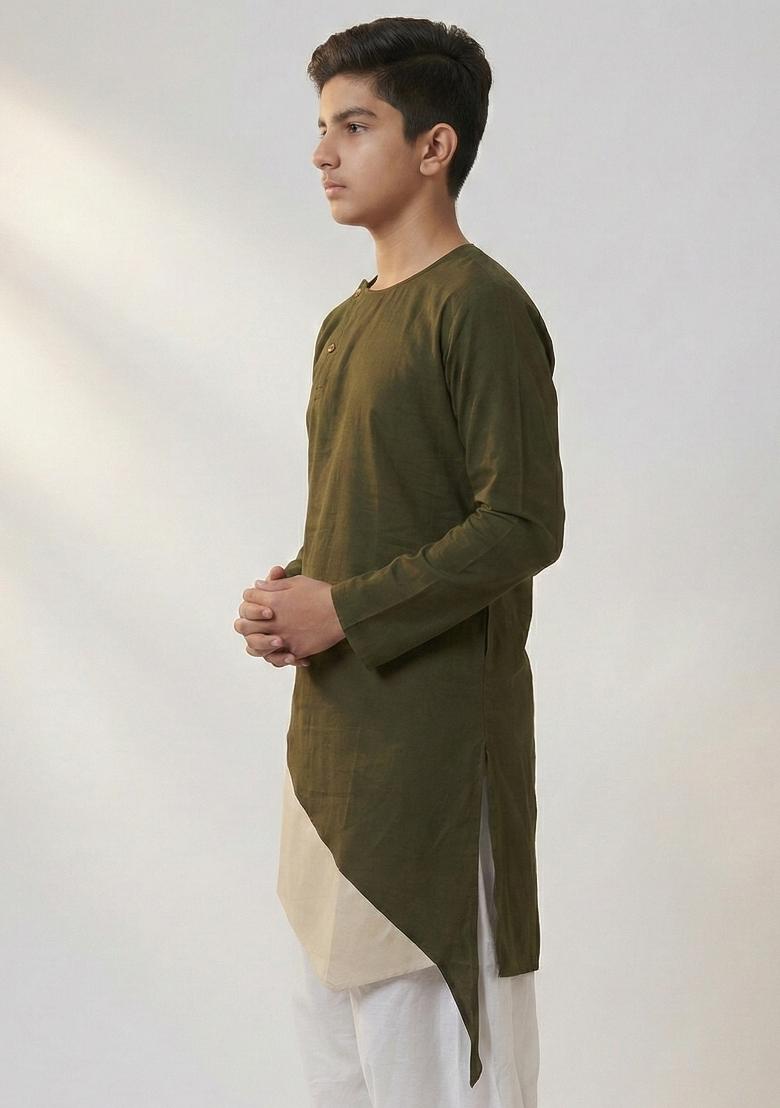 Mehendi Green Plain Cotton Kurta For Boys - Indya