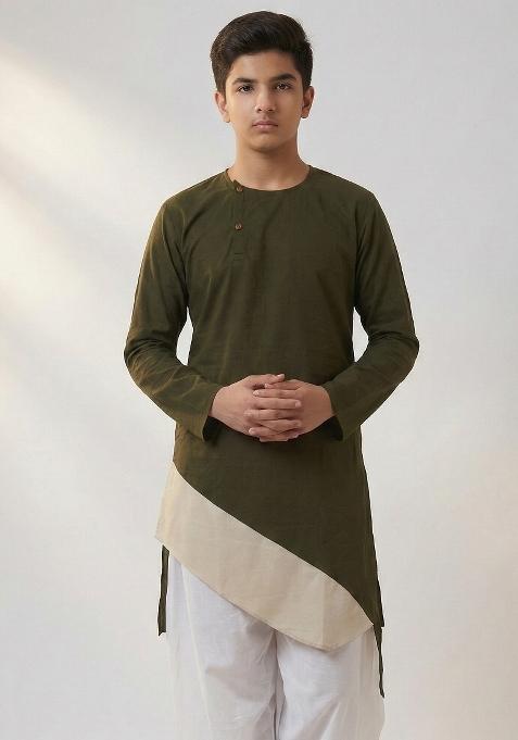 Mehendi Green Plain Cotton Kurta For Boys