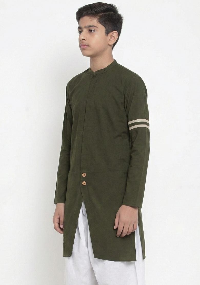 Mehendi Green Plain Cotton Kurta For Boys - Indya