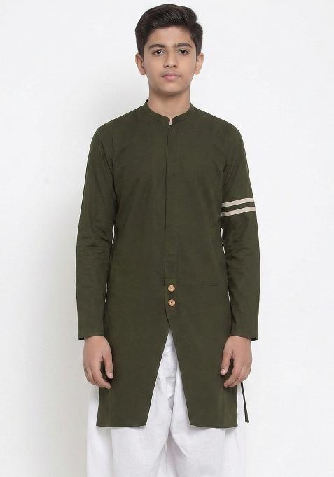 Mehendi Green Plain Cotton Kurta For Boys
