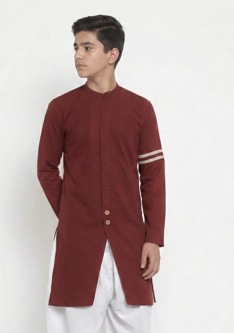 Maroon Plain Cotton Kurta For Boys - Indya