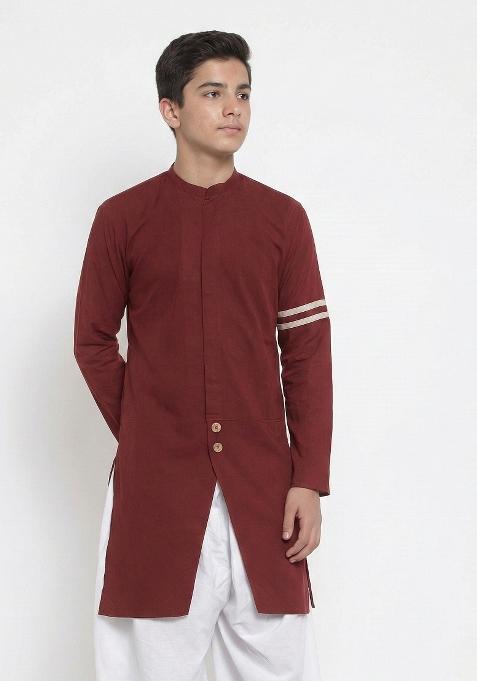 Maroon Plain Cotton Kurta For Boys