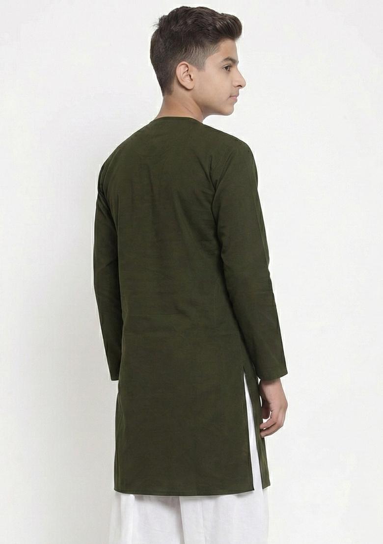 Mehendi Green Plain Cotton Kurta For Boys - Indya