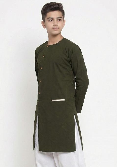 Mehendi Green Plain Cotton Kurta For Boys