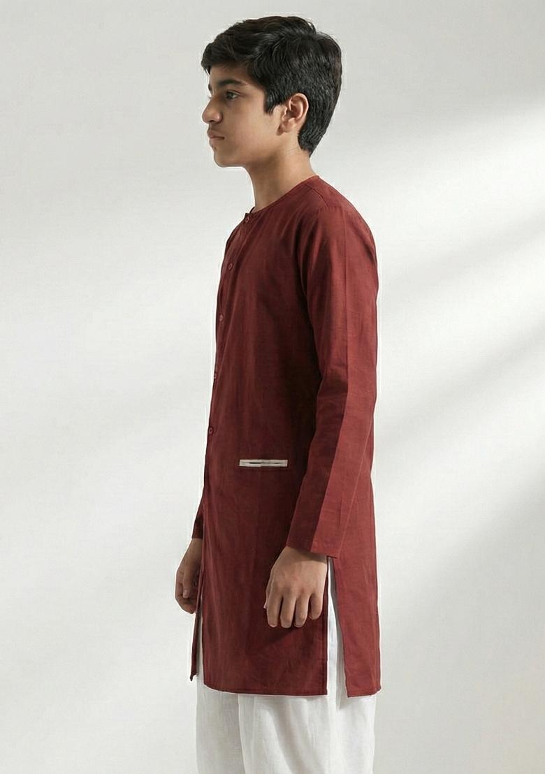 Maroon Plain Cotton Kurta For Boys - Indya