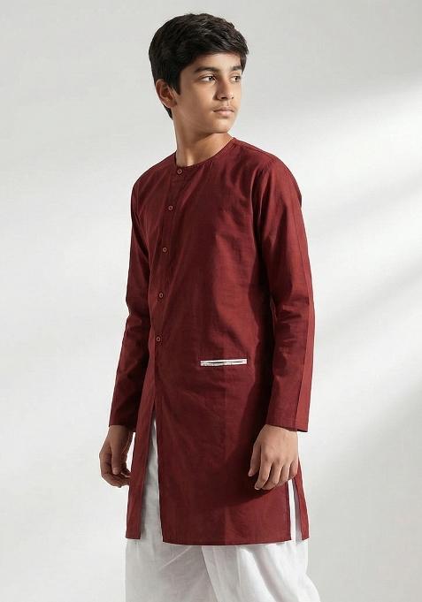 Maroon Plain Cotton Kurta For Boys