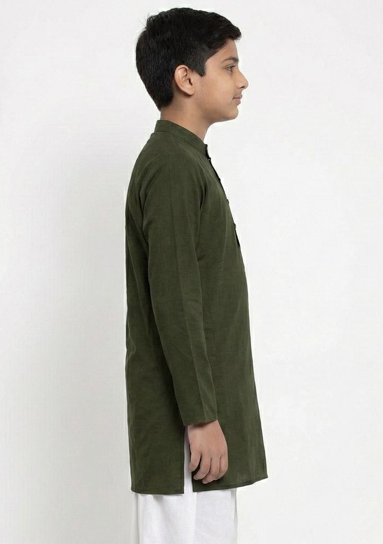 Mehendi Green Plain Cotton Kurta For Boys - Indya