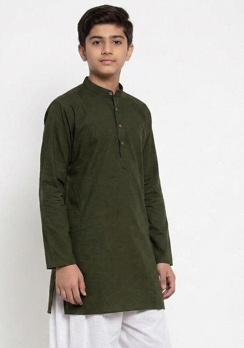 Mehendi Green Plain Cotton Kurta For Boys