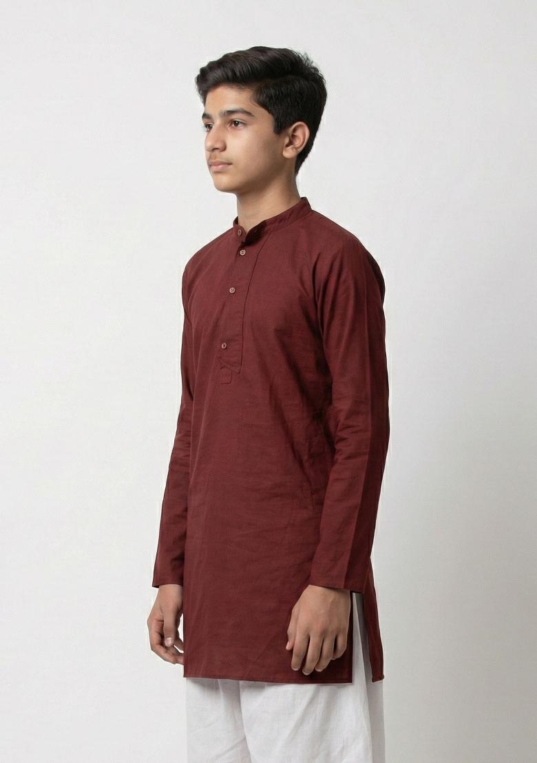 Maroon Plain Cotton Kurta For Boys - Indya