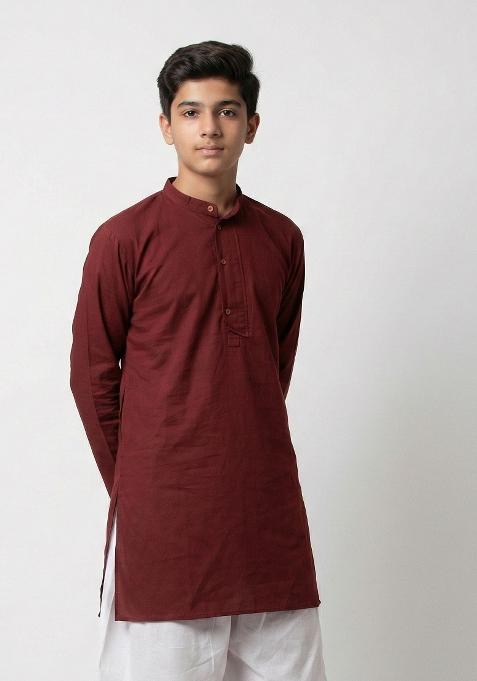 Maroon Plain Cotton Kurta For Boys