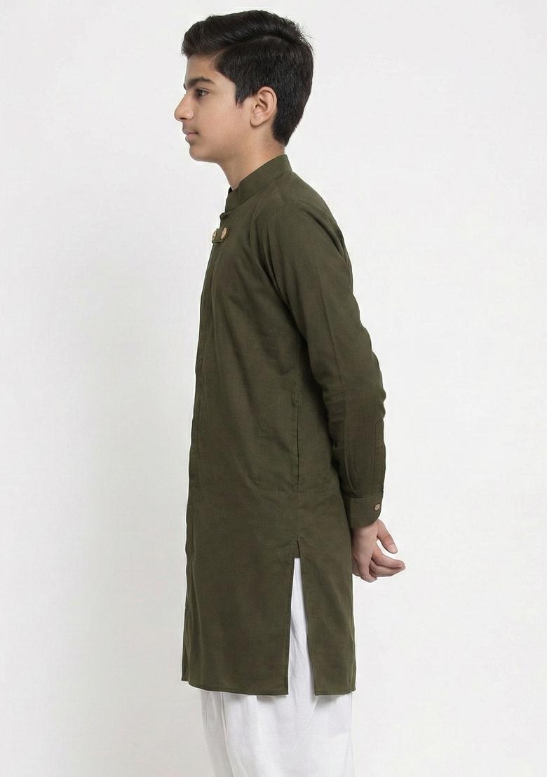 Mehendi Green Plain Cotton Kurta For Boys - Indya