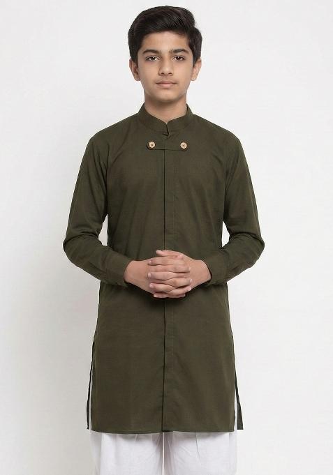 Mehendi Green Plain Cotton Kurta For Boys