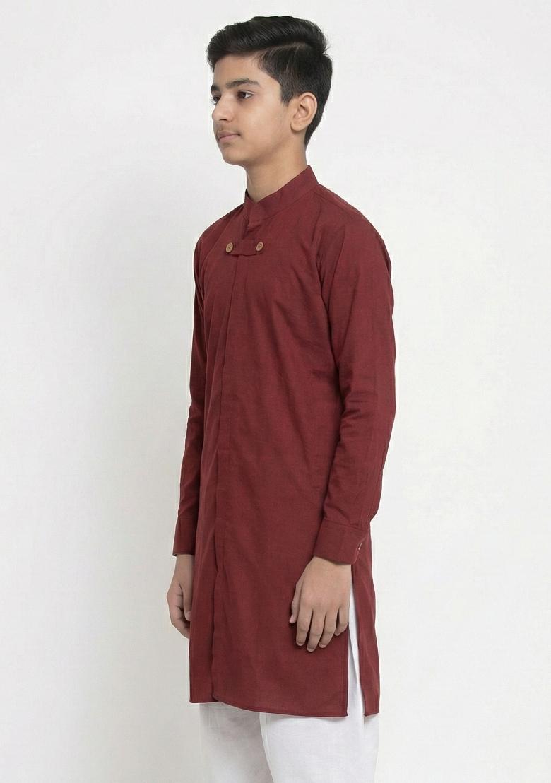Maroon Plain Cotton Kurta For Boys - Indya