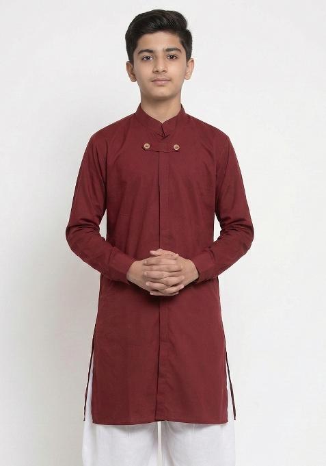 Maroon Plain Cotton Kurta For Boys