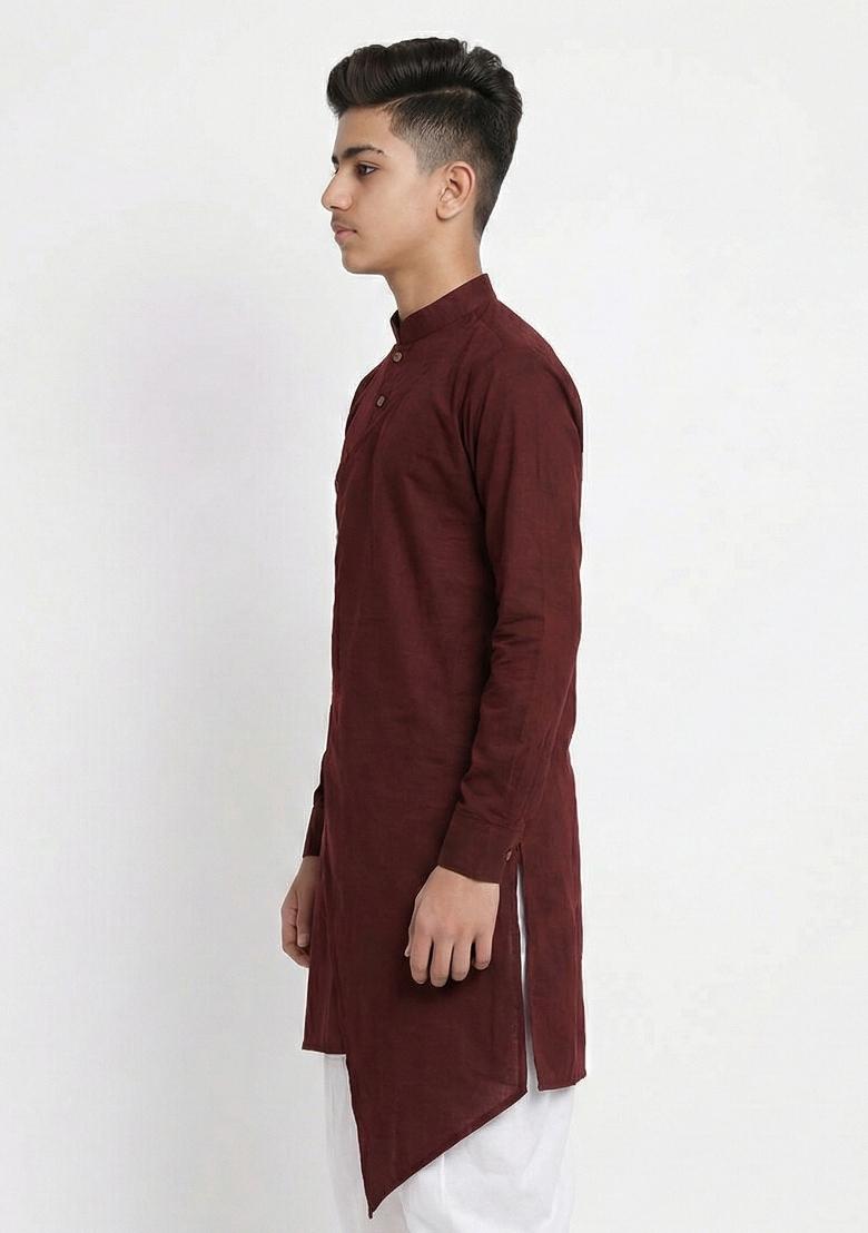 Maroon Plain Cotton Kurta For Boys - Indya
