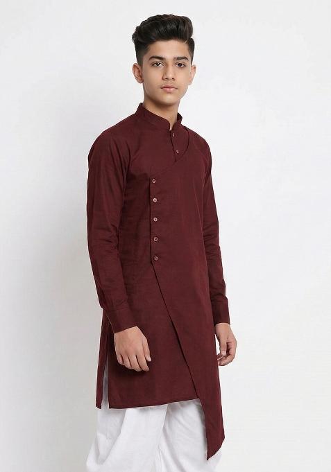 Maroon Plain Cotton Kurta For Boys