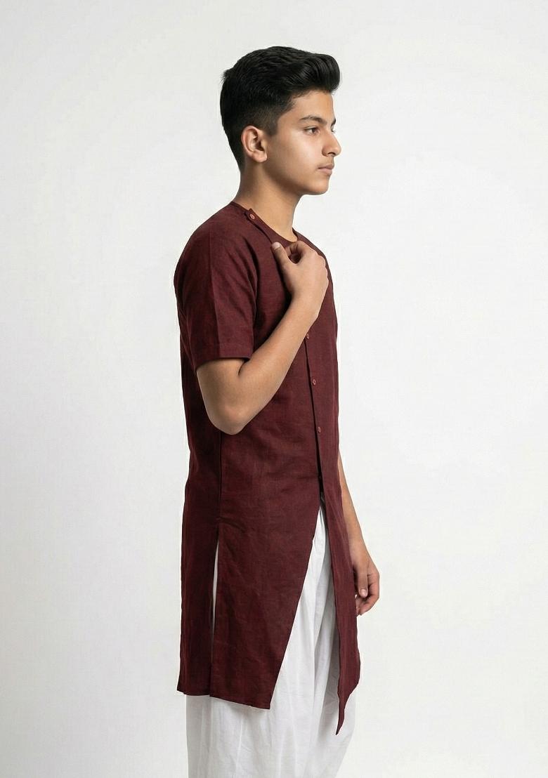 Maroon Plain Cotton Kurta For Boys - Indya