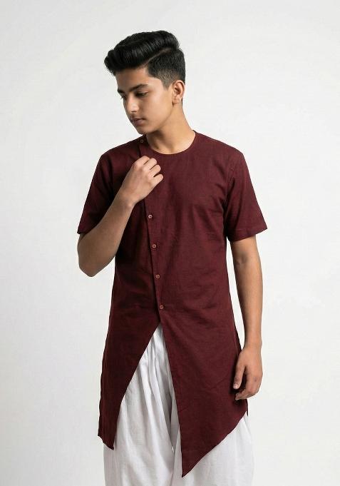 Maroon Plain Cotton Kurta For Boys