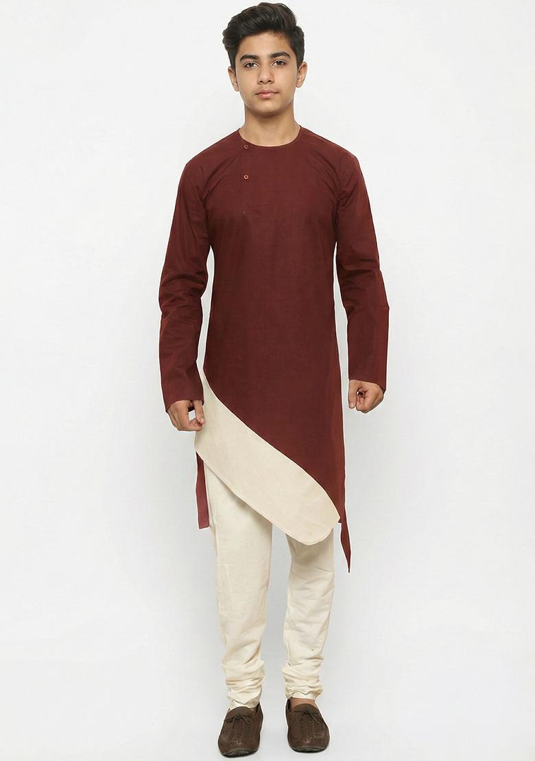 Maroon Plain Cotton Kurta Set For Boys - Indya