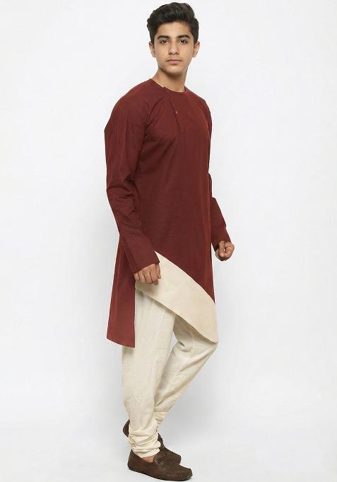 Maroon Plain Cotton Kurta Set For Boys