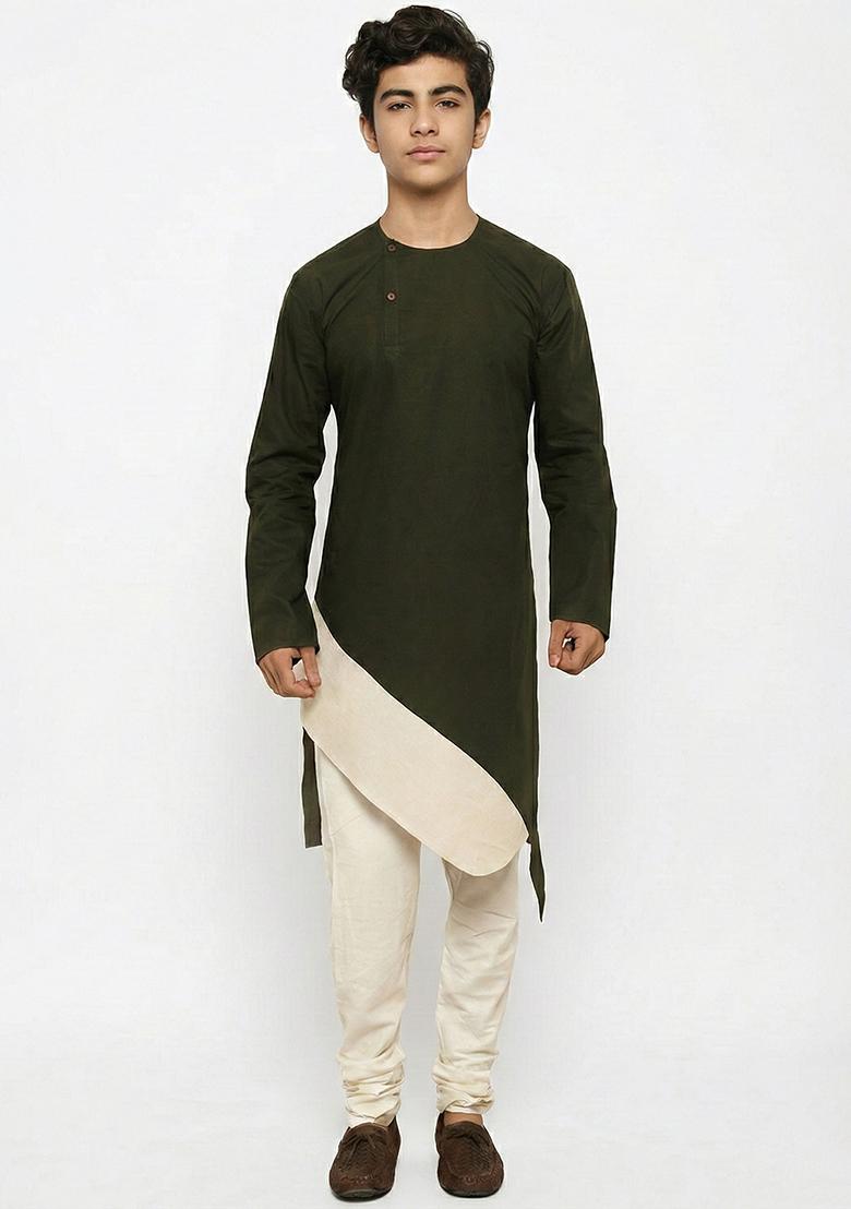 Mehendi Green Plain Cotton Kurta Set For Boys - Indya