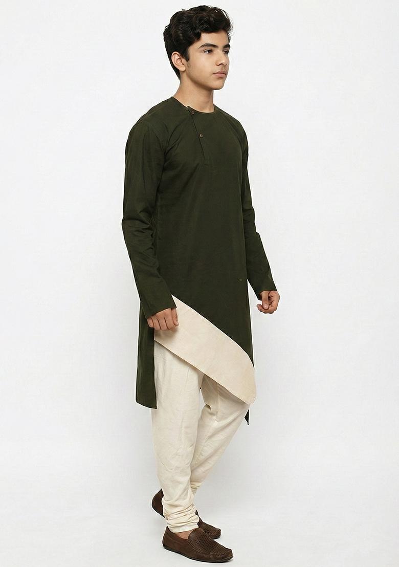 Mehendi Green Plain Cotton Kurta Set For Boys - Indya