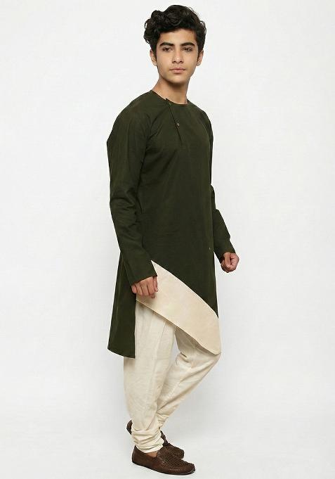 Mehendi Green Plain Cotton Kurta Set For Boys