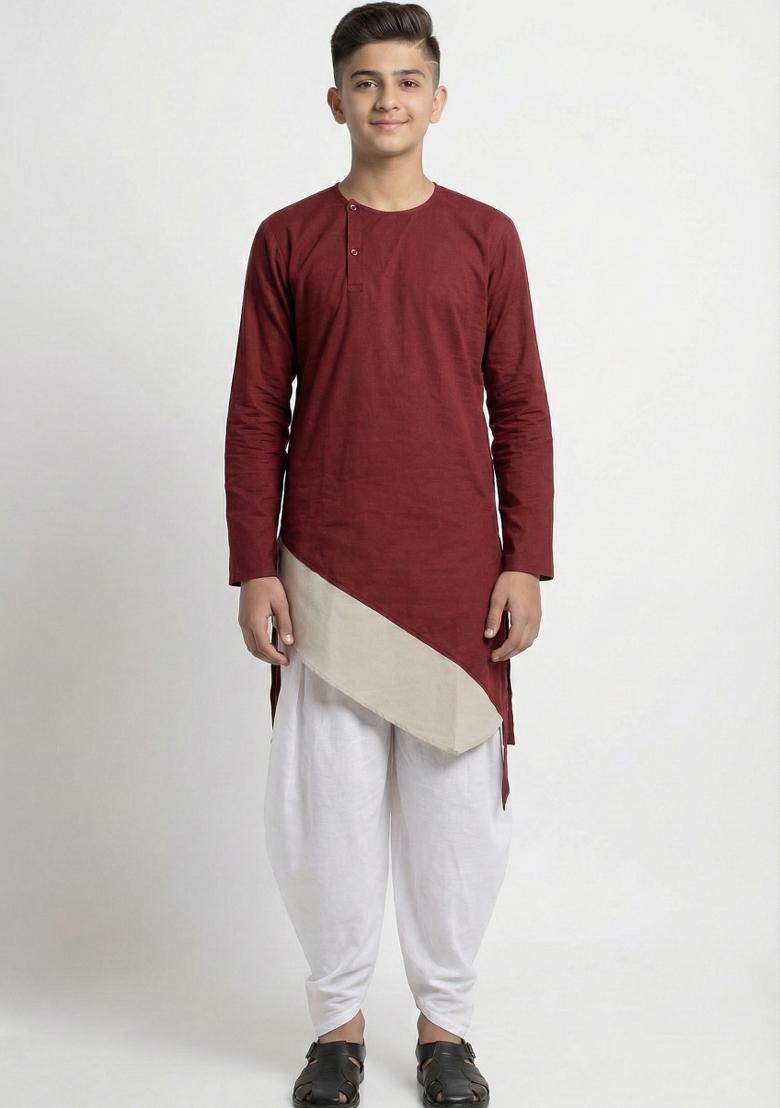 Maroon Plain Cotton Kurta Set For Boys - Indya