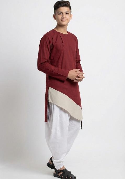 Maroon Plain Cotton Kurta Set For Boys