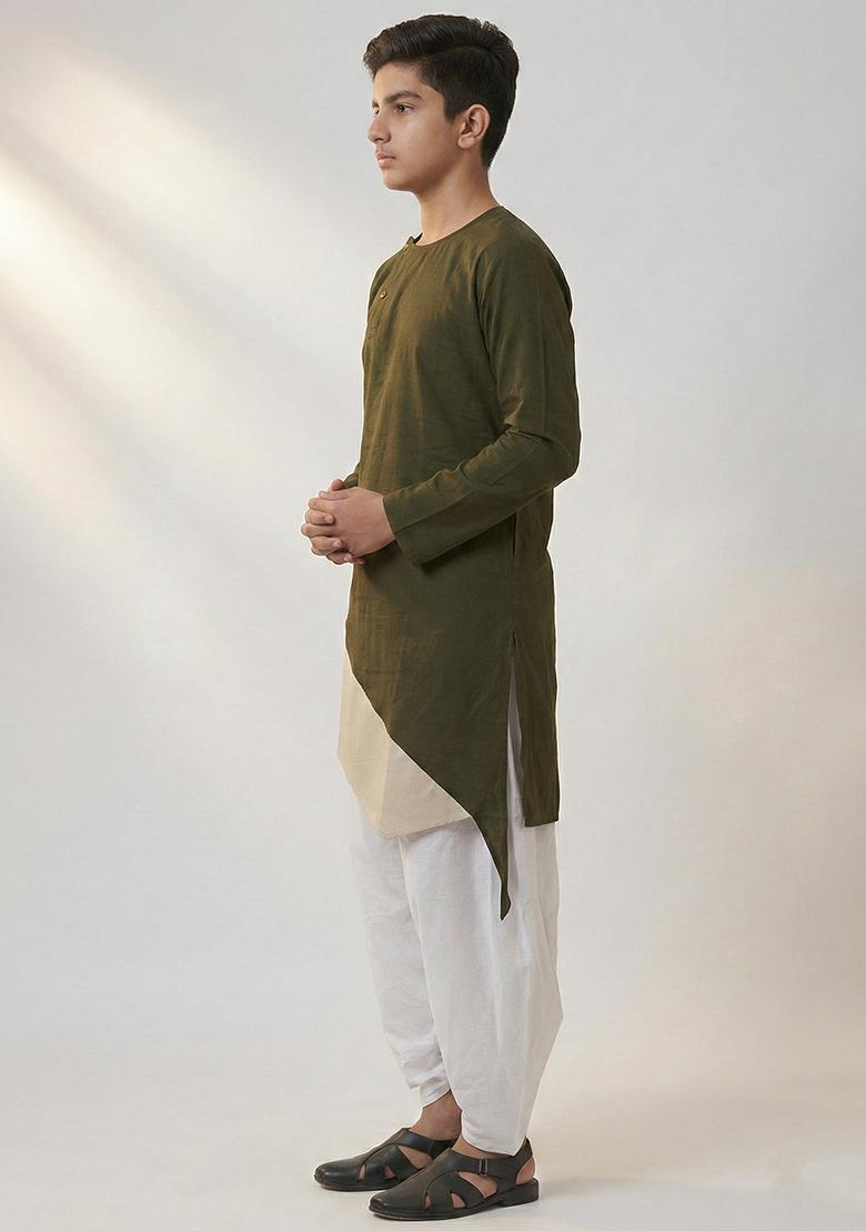 Mehendi Green Plain Cotton Kurta Set For Boys - Indya