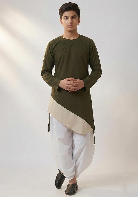 Mehendi Green Plain Cotton Kurta Set For Boys