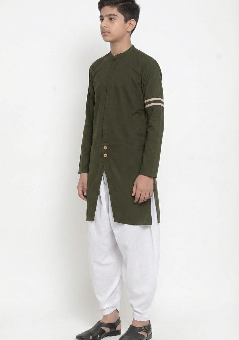 Mehendi Green Plain Cotton Kurta Set For Boys - Indya