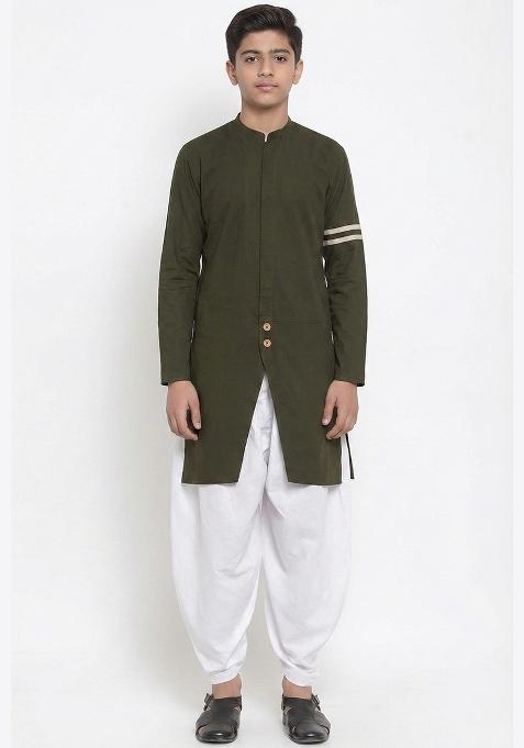 Mehendi Green Plain Cotton Kurta Set For Boys