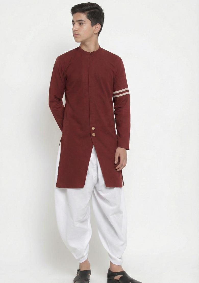 Maroon Plain Cotton Kurta Set For Boys - Indya