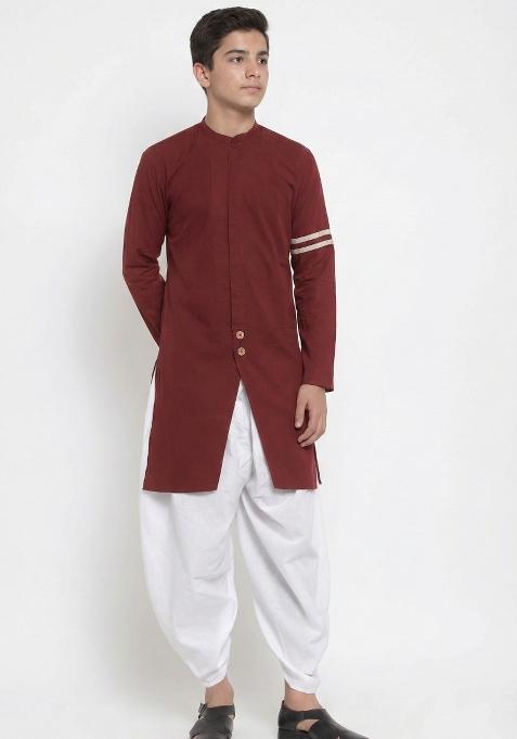 Maroon Plain Cotton Kurta Set For Boys
