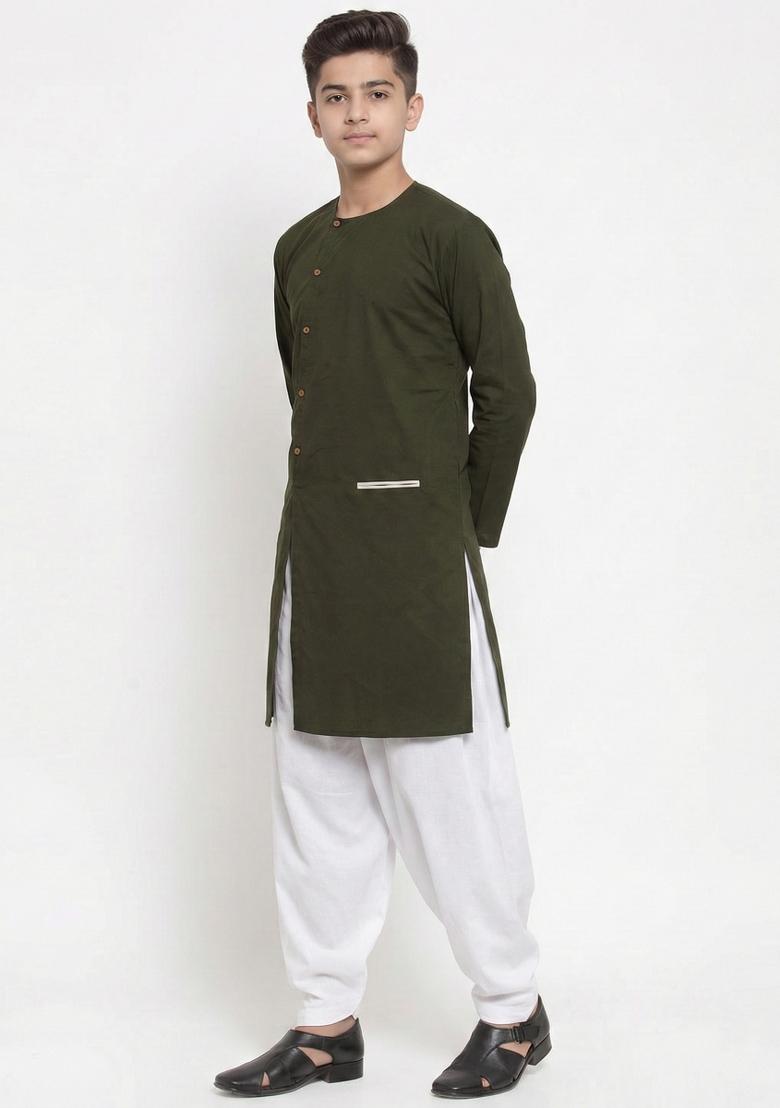 Mehendi Green Plain Cotton Kurta Set For Boys - Indya