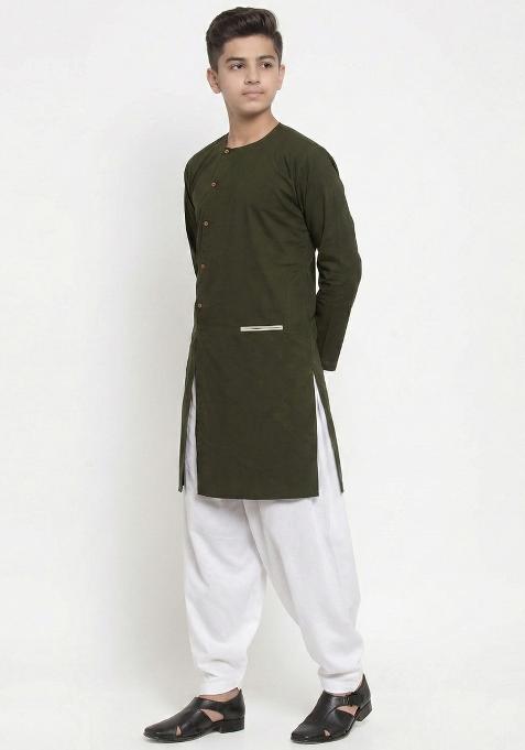 Mehendi Green Plain Cotton Kurta Set For Boys