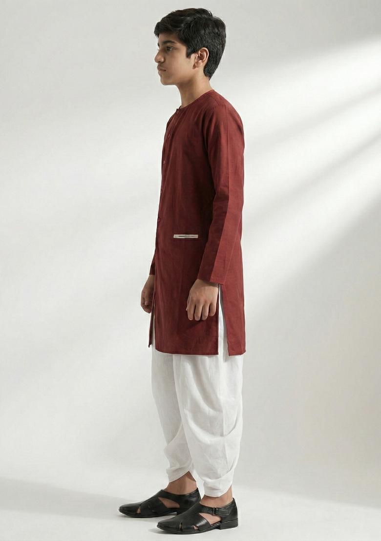 Maroon Plain Cotton Kurta Set For Boys - Indya