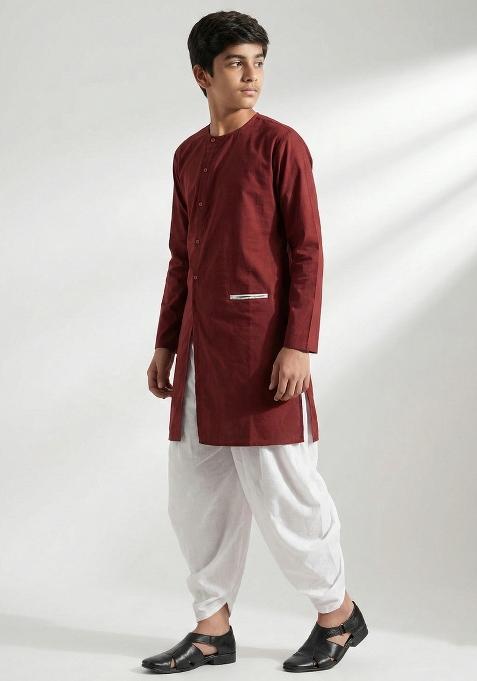 Maroon Plain Cotton Kurta Set For Boys