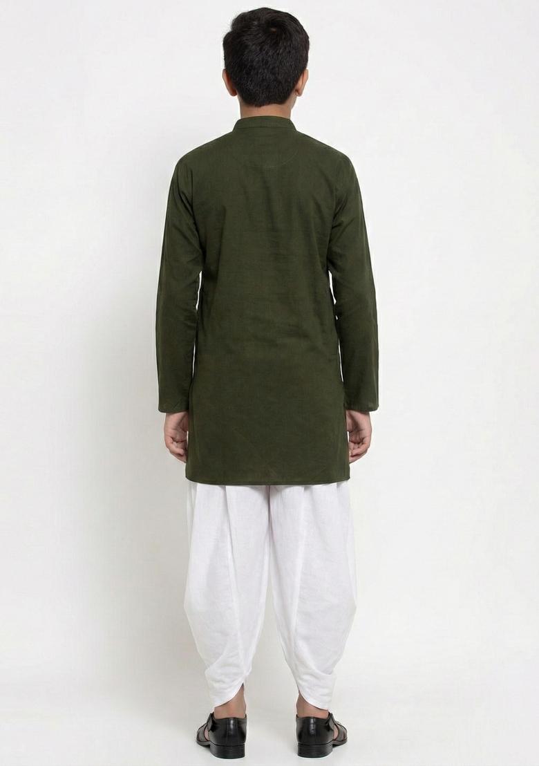 Mehendi Green Plain Cotton Kurta Set For Boys - Indya